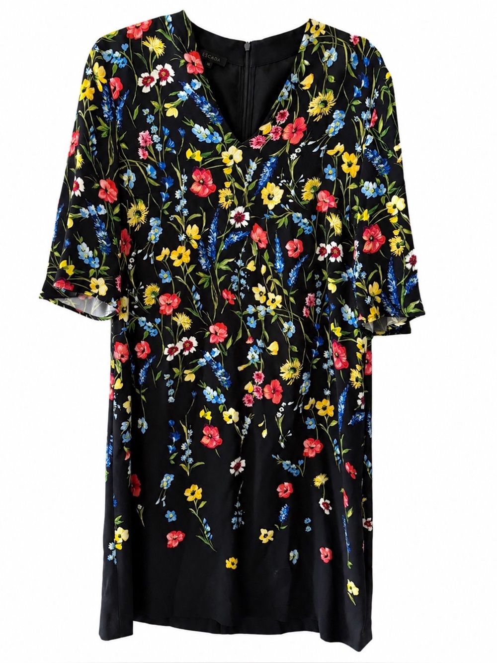 Like New Escada Vibrant Floral Black Midi Dress - Size 6/8 (EU 38)
